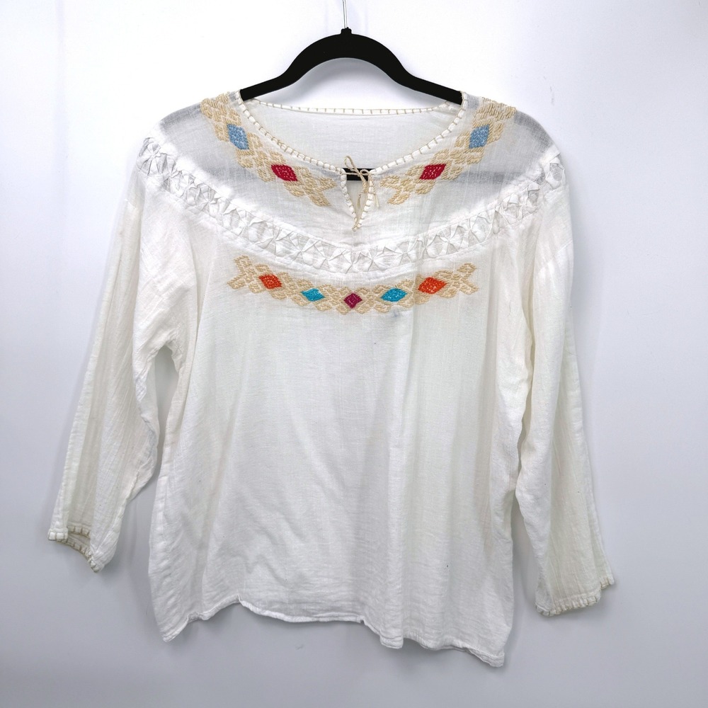 Vintage Handmade Embroidered Peasant Blouse Women M/L Indie Festival‎ 70s Boho